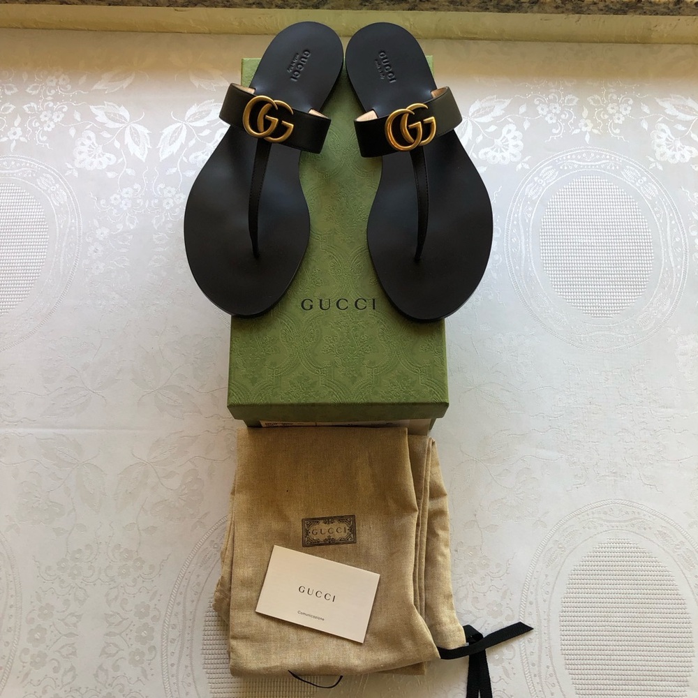 Gucci Lifford Black Leather Golden GG Thong Sandals Women’s Size 41 US- 10.5 - Picture 5 of 11